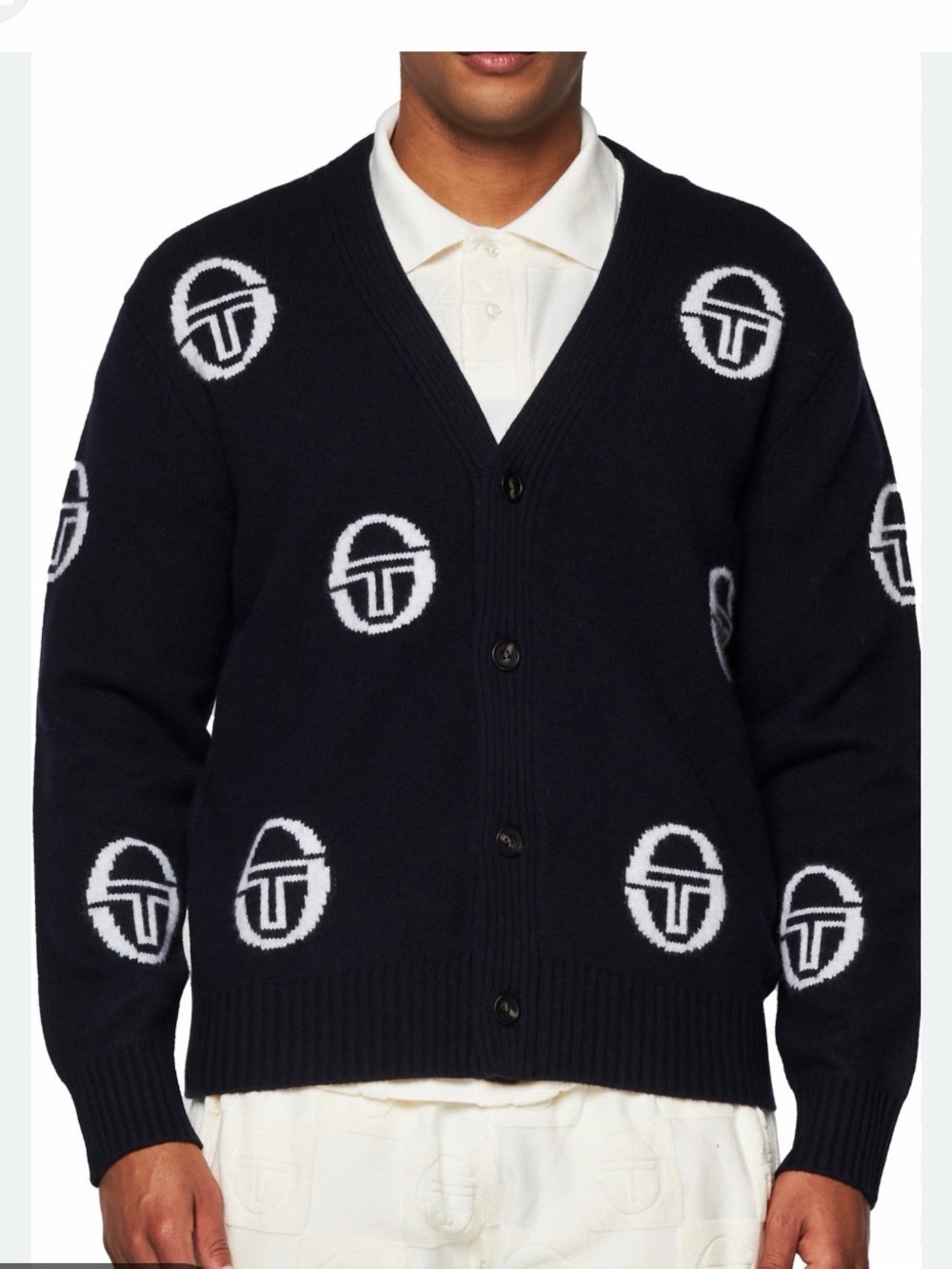 Sergio Tacchini Navy Cardigan with White Logo Intarsia xl black